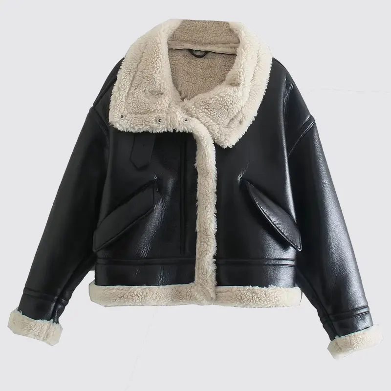 Custom Denim Bomber Coat Thick Fleece Lined Warm Winter Sherpa Leather Motorcycle Jacket For Women