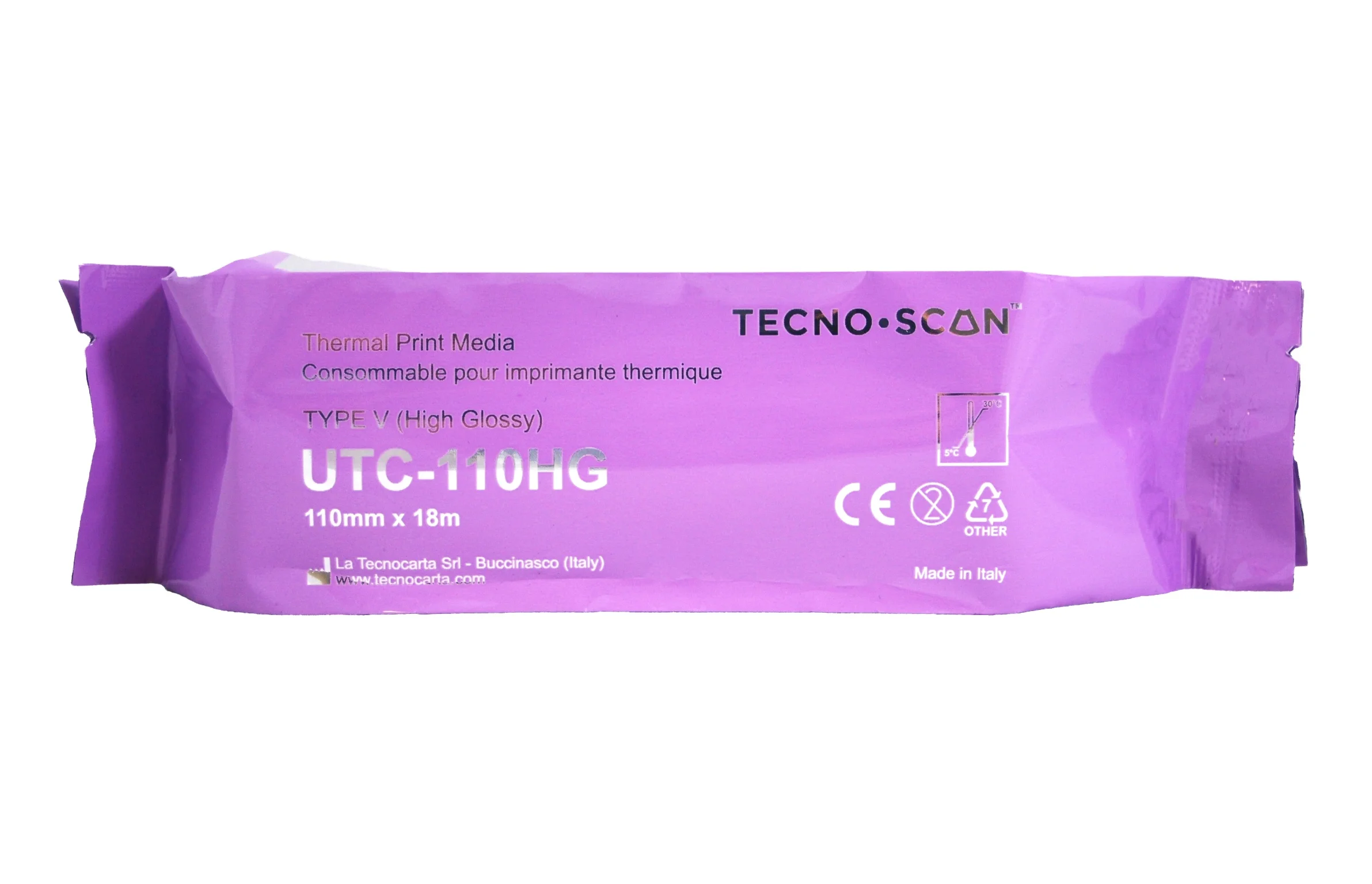 Thermal Videoprint Paper Tecnoscan Roll High Glossy for Sony Ultrasound Printer UPP-110HG Compatible-Made in Italy - 110mm x 18m