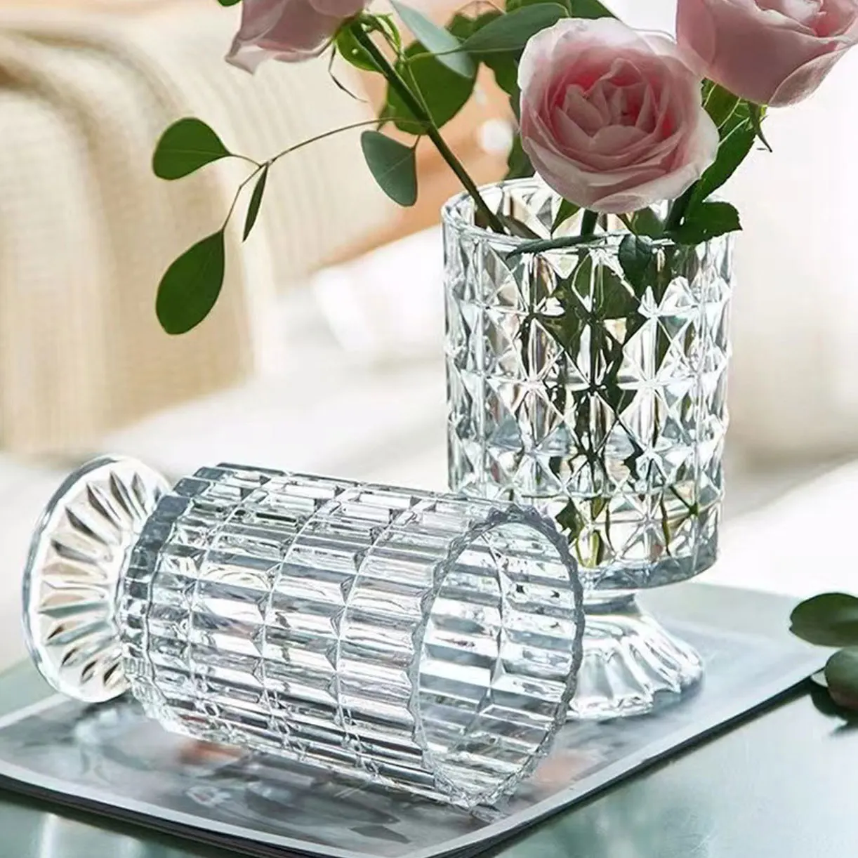 Vintage style embossed glass vases modern home decoration decorated