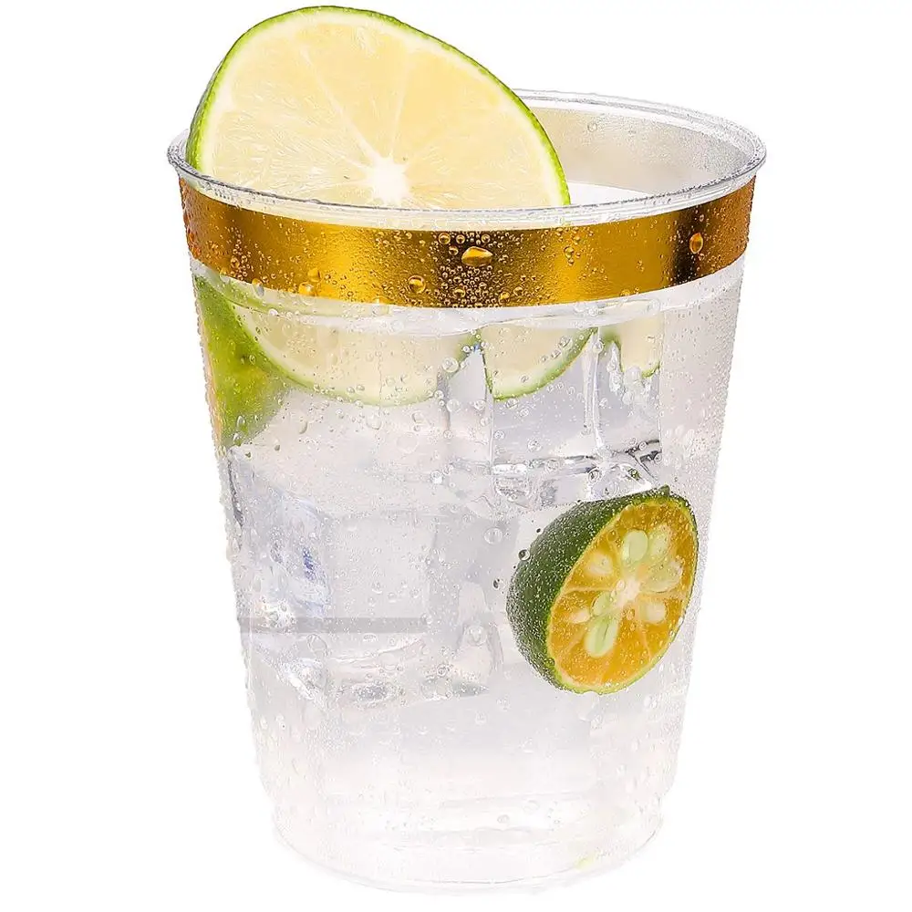 Wholesale 100 Packs Of 10Oz Disposable Single-Wall Transparent Gold-Rimmed Plastic Cups