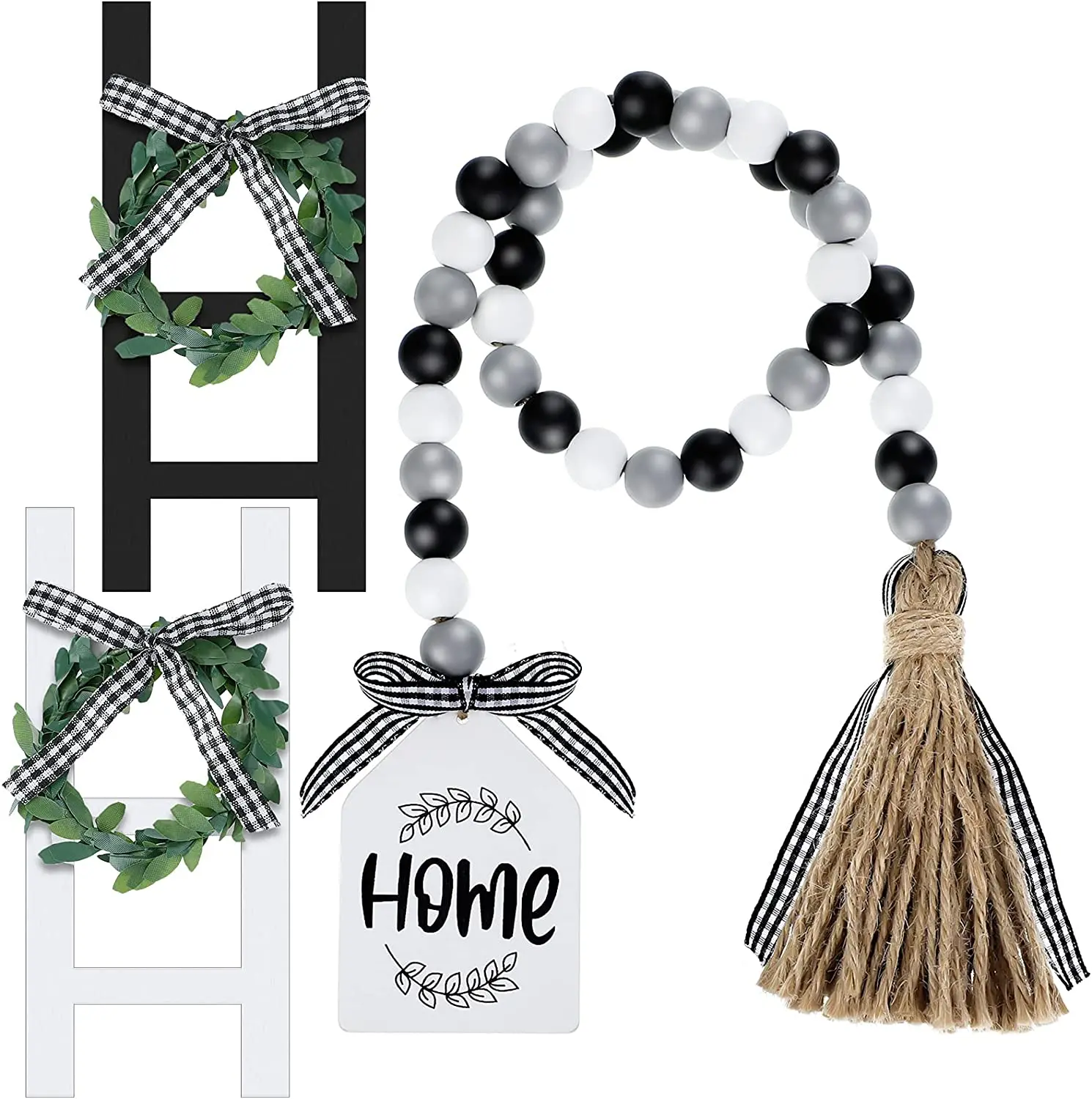 2 Pieces Wooden Farmhouse Window Tiered Tray Decor Wooden Rustic Mount Window Frames Wood Bead Garland with Tassel Plaid