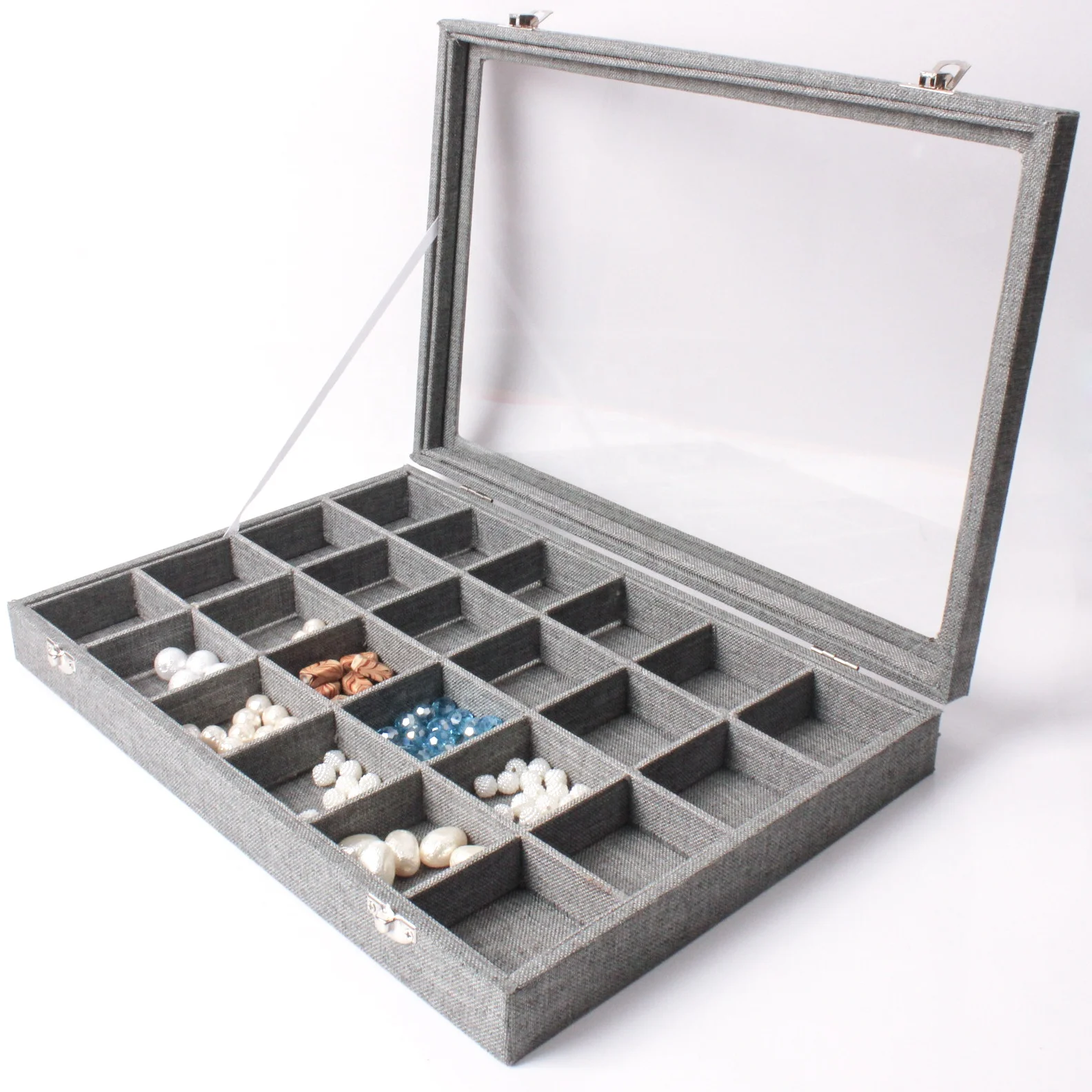67170 24 Grids Fashion Linen Jewelry Showcase Display Tray With Glass Lid Top for Rings Earring Storage Display