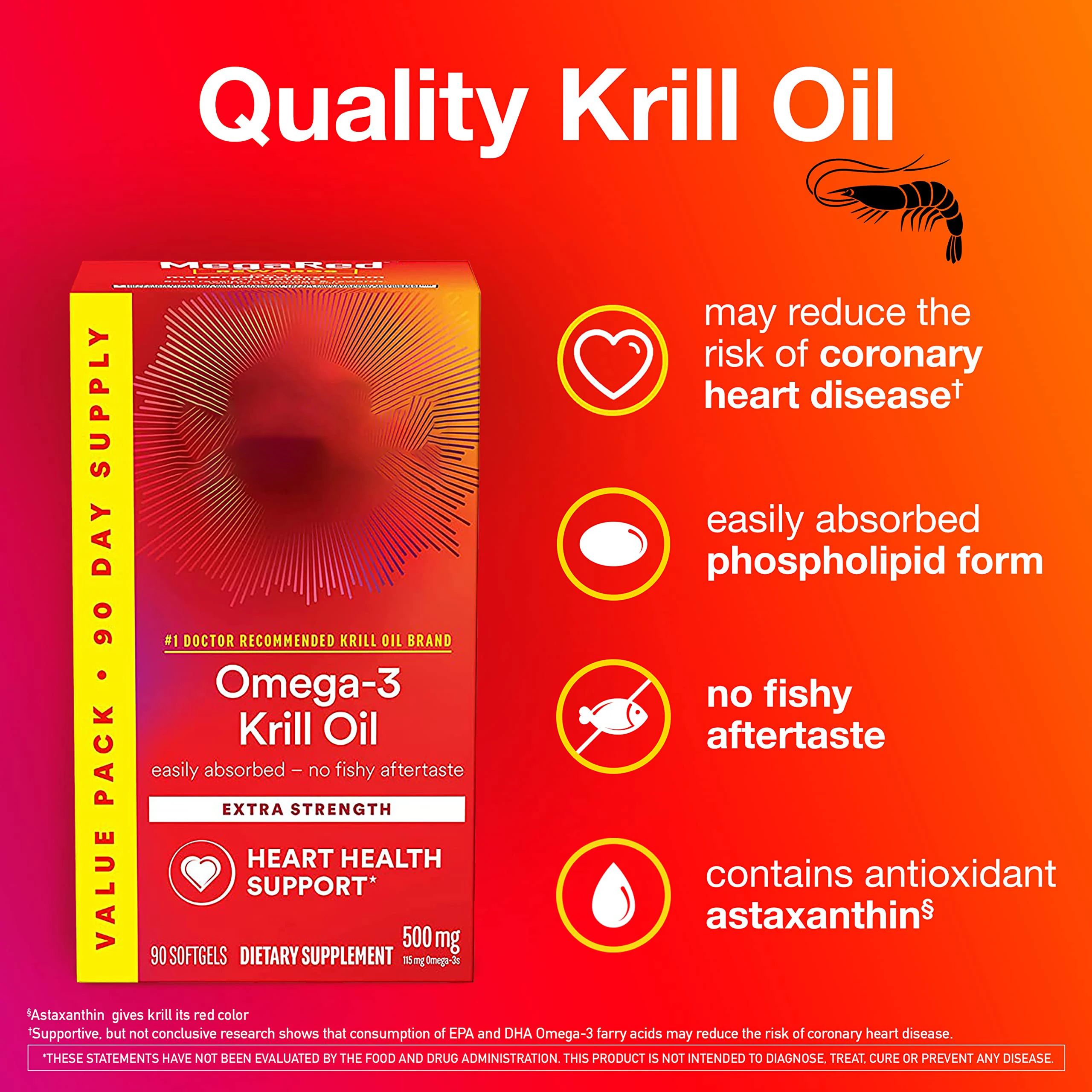 Antarctic Krill Oil 500mg Omega 3 Fatty Acid Supplement Extra Strength EPA & DHA Softgels Antioxidant Astaxanthin Softgels