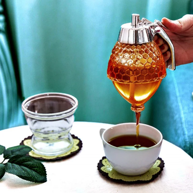Honeycomb Container Honey Syrup and Sugar Jar Pot No Drip Dispenser with Stand