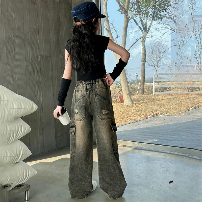 2024 New Fashion Children Girl Spring Brown Pocket Distressed Cargo Jeans 5-15 Years