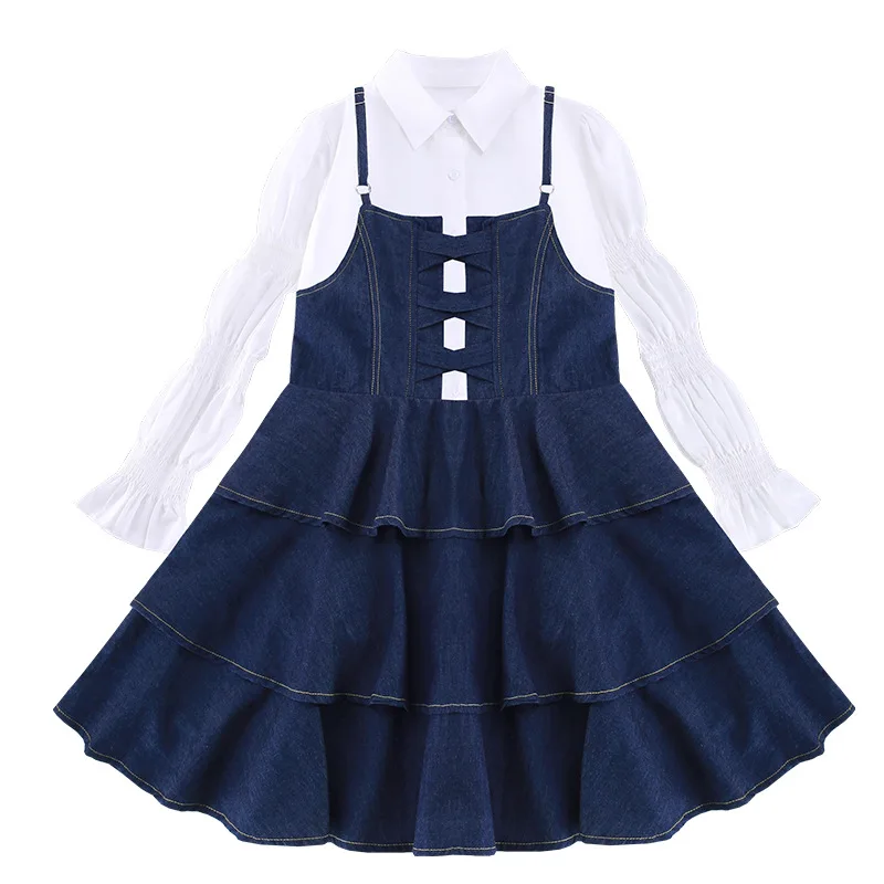 2023 New Fall Teenagers Girls Back to School Outfits Set White Solid Long Sleeved Blouse + Ruffle Denim Jumper Dress 2pcs