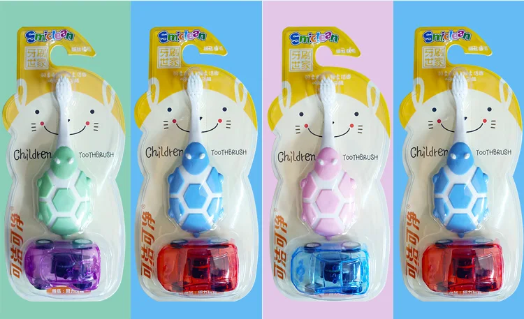 OEM Cute turtle design cartoon kids toothbrush with free car toy gift 600 million+ times soft bristles grinding