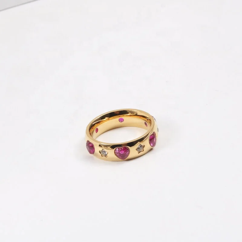 New arrival fashion stainless steel 18K gold plated zircon diamond inlaid red heart star rings women lady girls jewelry