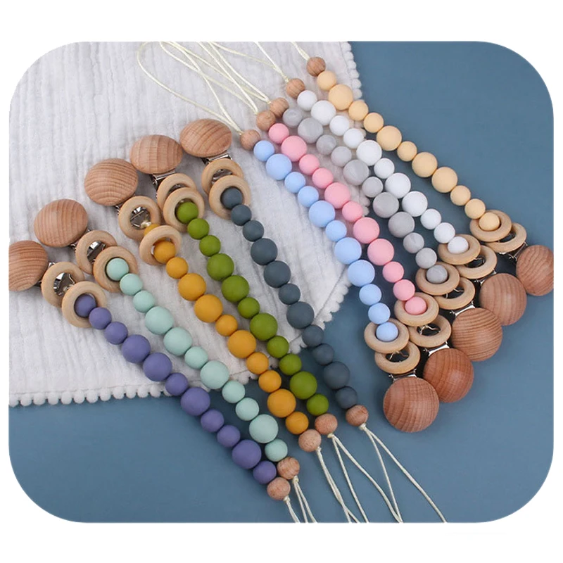 Schnullerkette Silicone Beads Pacifier Chain Clip Wooden Ring Chupetes Teething Soother Dummy  Baby Teether Pacifier Holder