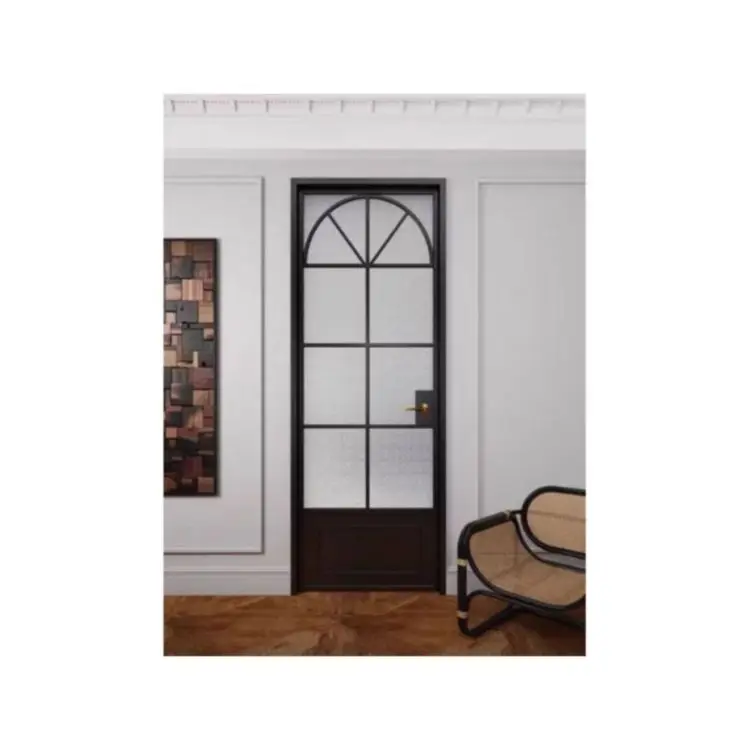 Custom French Retro-Style Aluminum Alloy Curved Toilet Door with Ornate Old Iron Gate Accents and Captivating Art Glass Arches