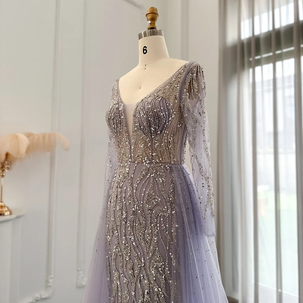 ASA-SS52 Luxury Beading V-neckline Tulle Evening Dresses Plus Size Long Sleeves Purple Party Formal Dresses for Women