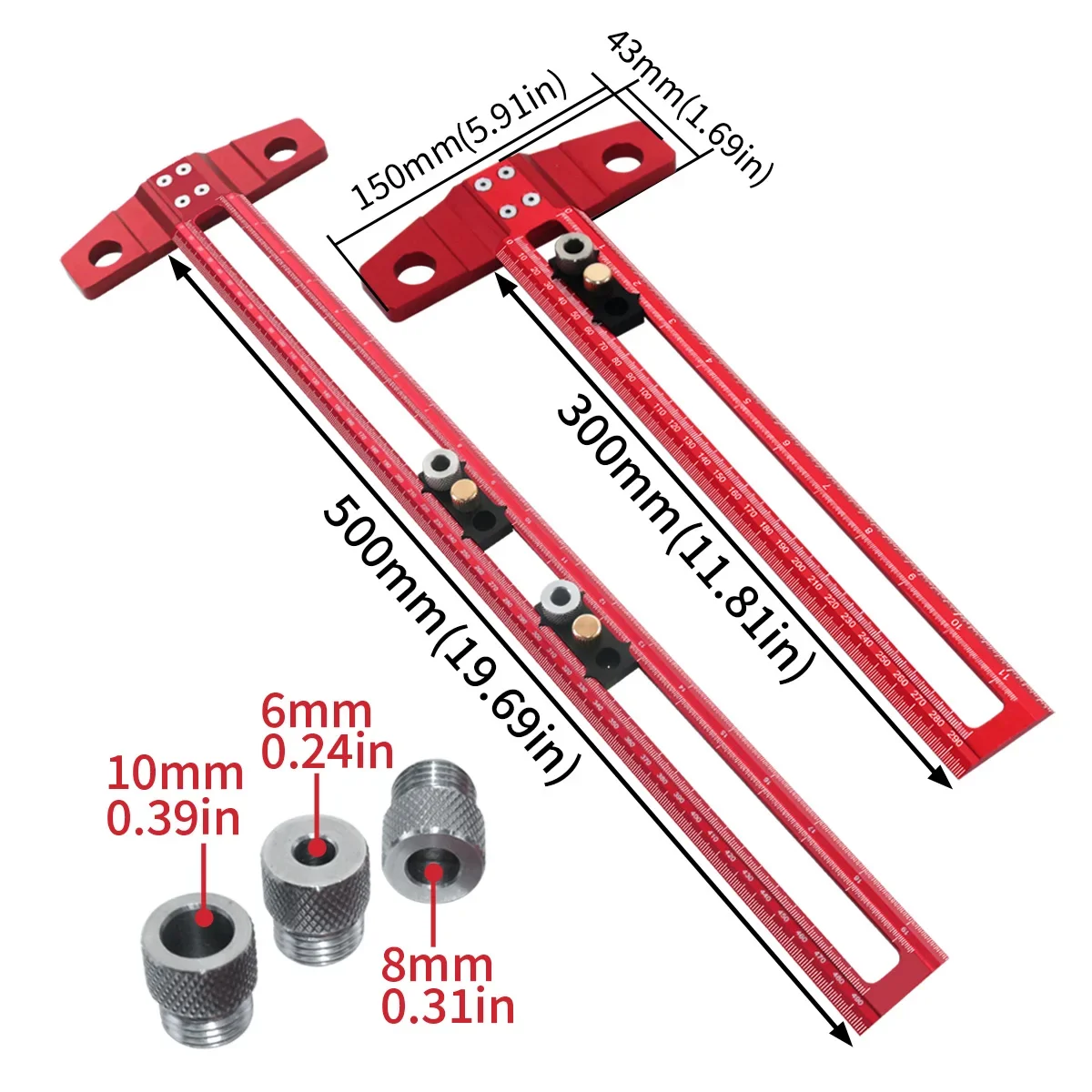 2in1 Drilling Positioning Scoring Ruler  with 6/8/10mm Drill Sleeve Aluminum woodworking Scriber Marking T Square Dowelling Jig