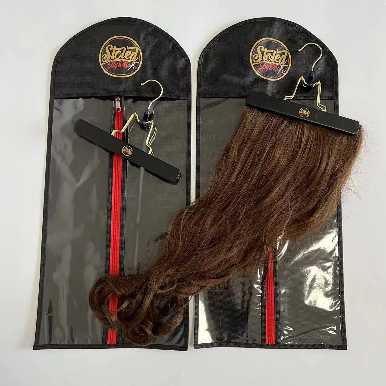 Black wooden hanger Wig storage bag custom logo wood hair extension hanger
