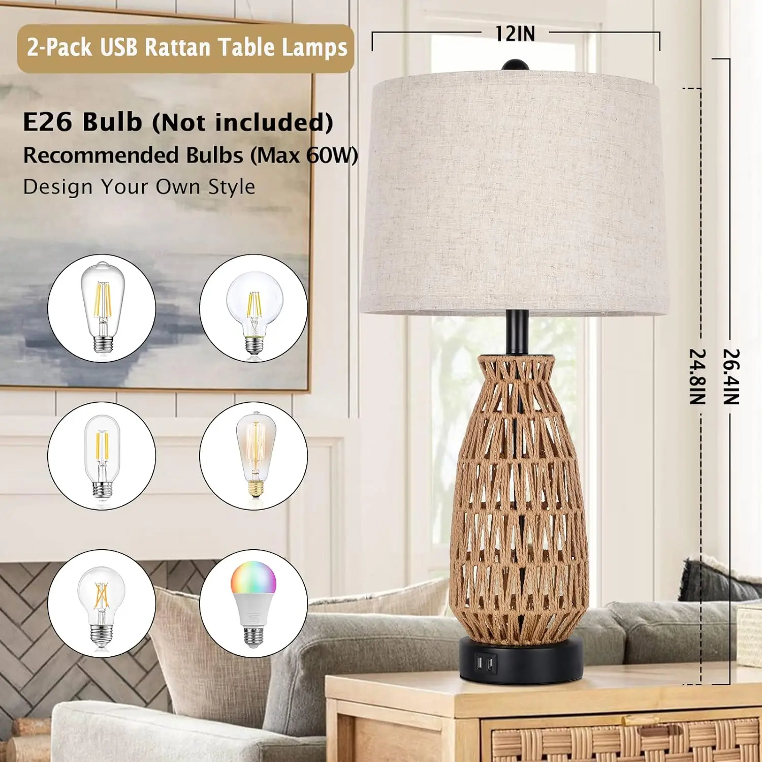 Rattan Table Lamps with 2 USB Ports Bedside Lamps 26 inch Tall Farmhouse Cream Fabric Shade Desk Lamp
