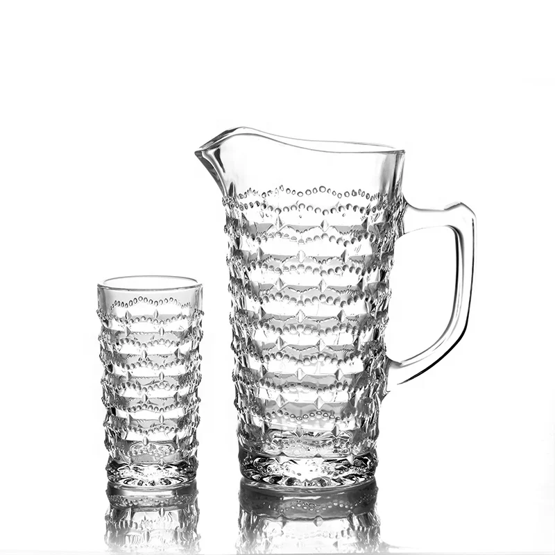 Factory popular high end curved water juice drinking chess set 7pcs glass jug set with gold rim pitcher drinking glass set