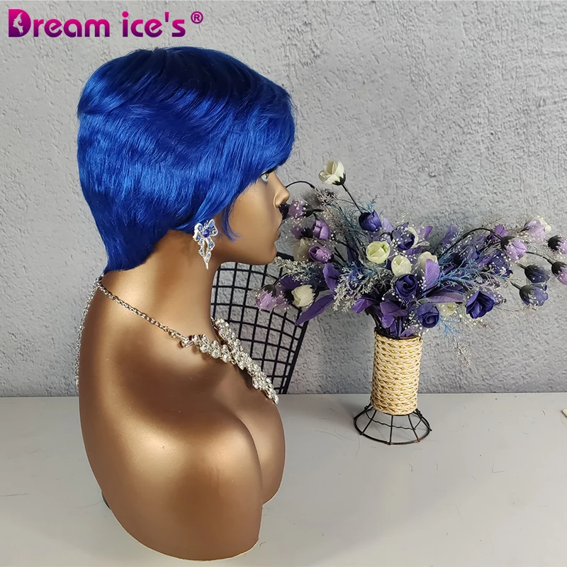 Blue 613 Honey Blonde Wig Short Wavy Bob Pixie Cut Full Machine Made Non Lace Human Hair Wigs With Bangs For Black Women Remy