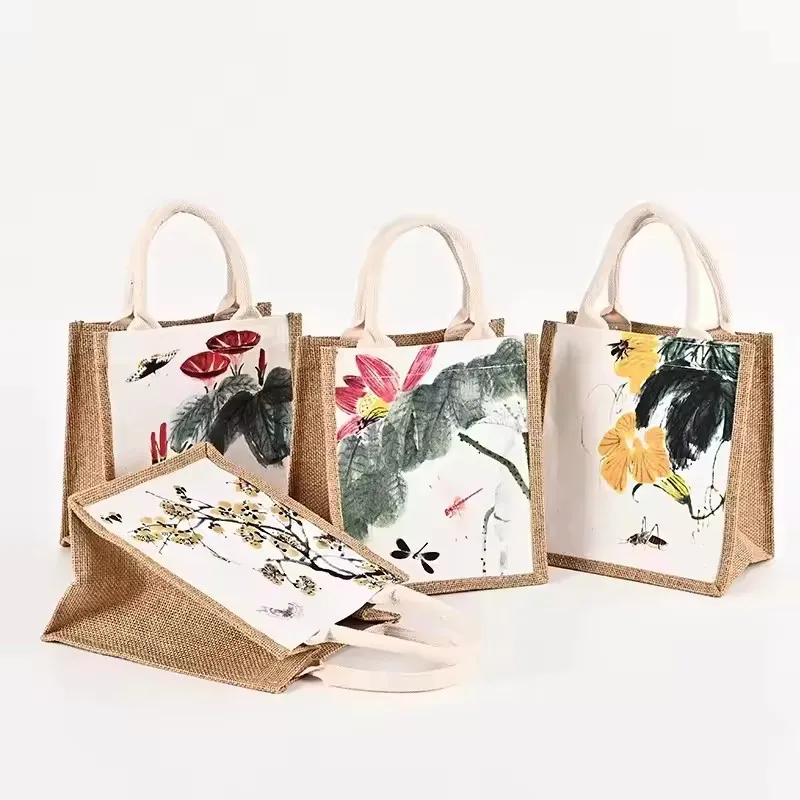 Vintage Economical Eco-friendly Canvas Jute Bag Companion Gift Bag Student Fashion Laminated Linen and Jute Tote Bag