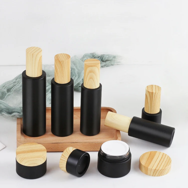 Matte black coating face cream jar skincare containers 20g 30g 50g cosmetic packaging cream jars with bamboo grain lid glass jar