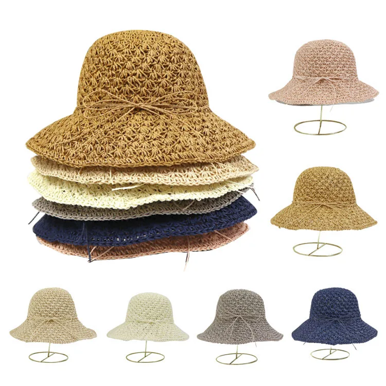 Fashion Handmade Adjustable Summer Beach Cloche Lady Sun Hat Custom Crocheted Foldable Paper Straw Hat for Women