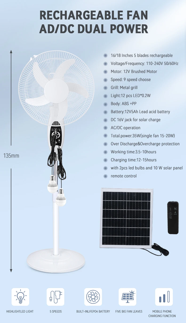 12V AC DC Solar Panel Outdoor Energy Power Battery Portable Rechargeable Charging USB LED Light Camping fan Solar Floor Fan