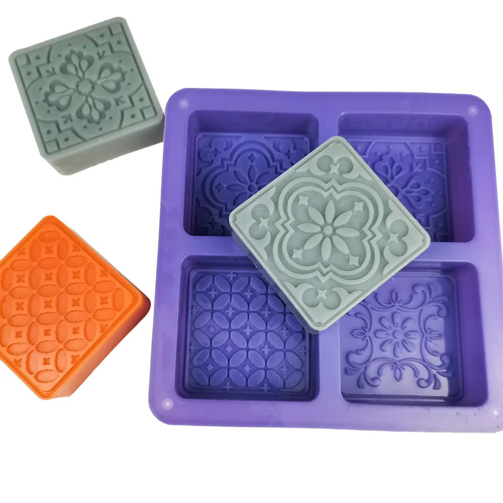 DIY Home Non Stick Mooncake Cake Chocolate Molds 4 cavity   Thicker Flower Pattern Square Silicone Mold for Soap Making