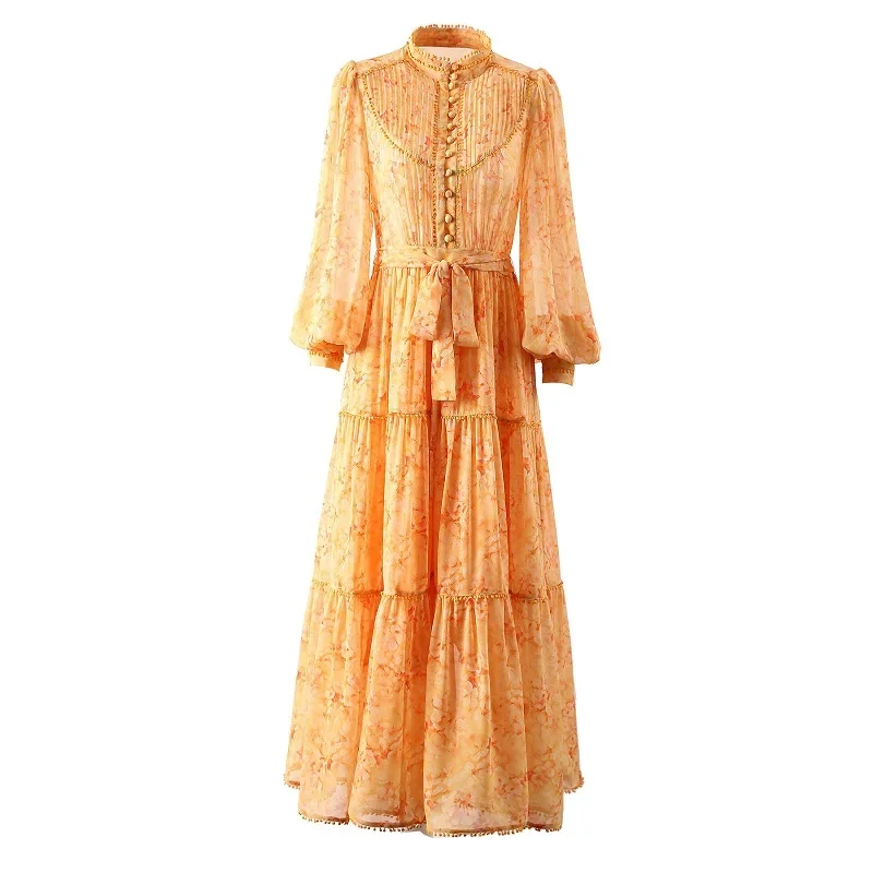 High Quality Chiffon Long Dress 2024 Spring Summer Large Women Orange Print Tunic Button Lantern Sleeve Bohemian Beach Dress XXL