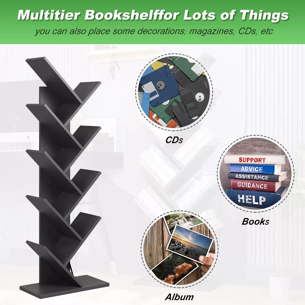 9 Shelf Tree Bookshelf Book Rack Bookcase Display Storage Furniture Organizer Freestanding Bookshelves For Cds Movies & Books