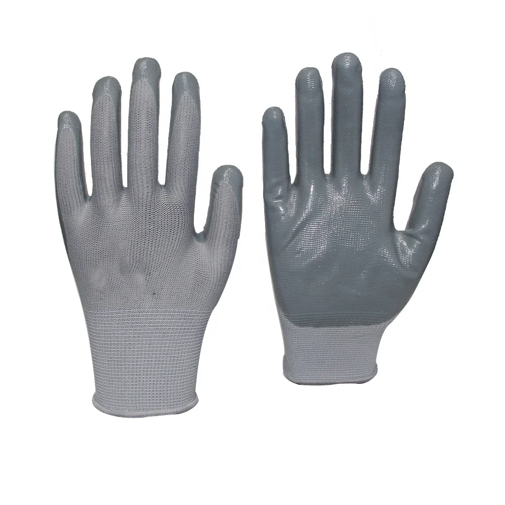 Защитные OEM-перчатки с подкладкой из полиэстера, устойчивые к истиранию, гладкие перчатки с нитриловым покрытием для работы