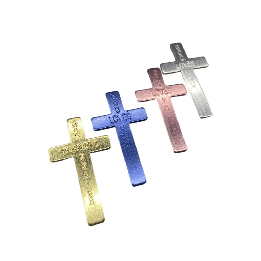 God Loves You Pink Silver Yellow 1.5mm thickness Pocket Aluminum Cross Pendant With Engraved Letters