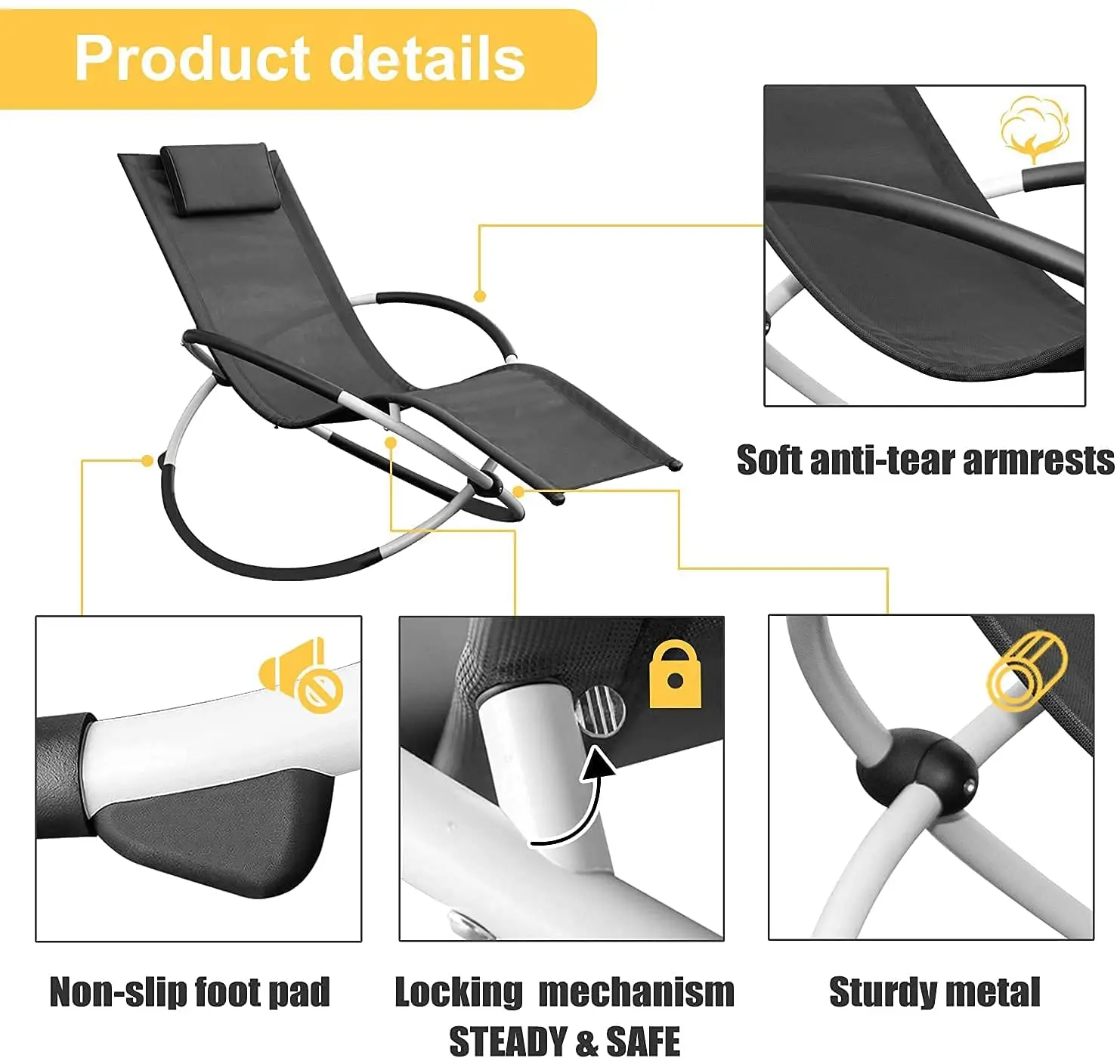Outdoor Metal orbital foldable lounger beach chairs with pillow recliner zero gravity KD rocking lounger rocking chair