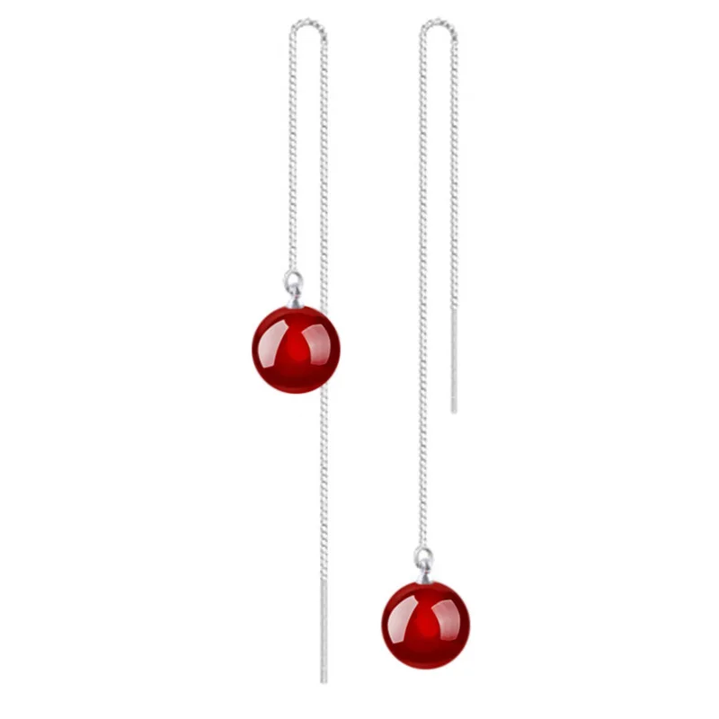 New Arrival Black Red Agate Earrings Silver Long Earrings Korean Thread Earrings for Women