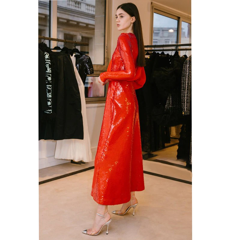 Bettergirl Fashion Ladies Long Gowns Party Guest Long Sleeve Sequined Evening Dress Sweep Train Slit New Years Eve Party Dress