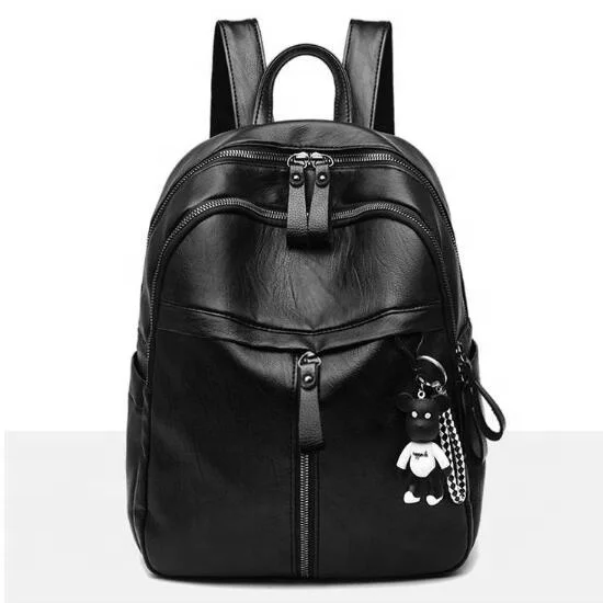 Korean Fashion Style Black Backpack Trendy Waterproof Casual Travel Bag Soft PU Leather School Backpacks for Girls