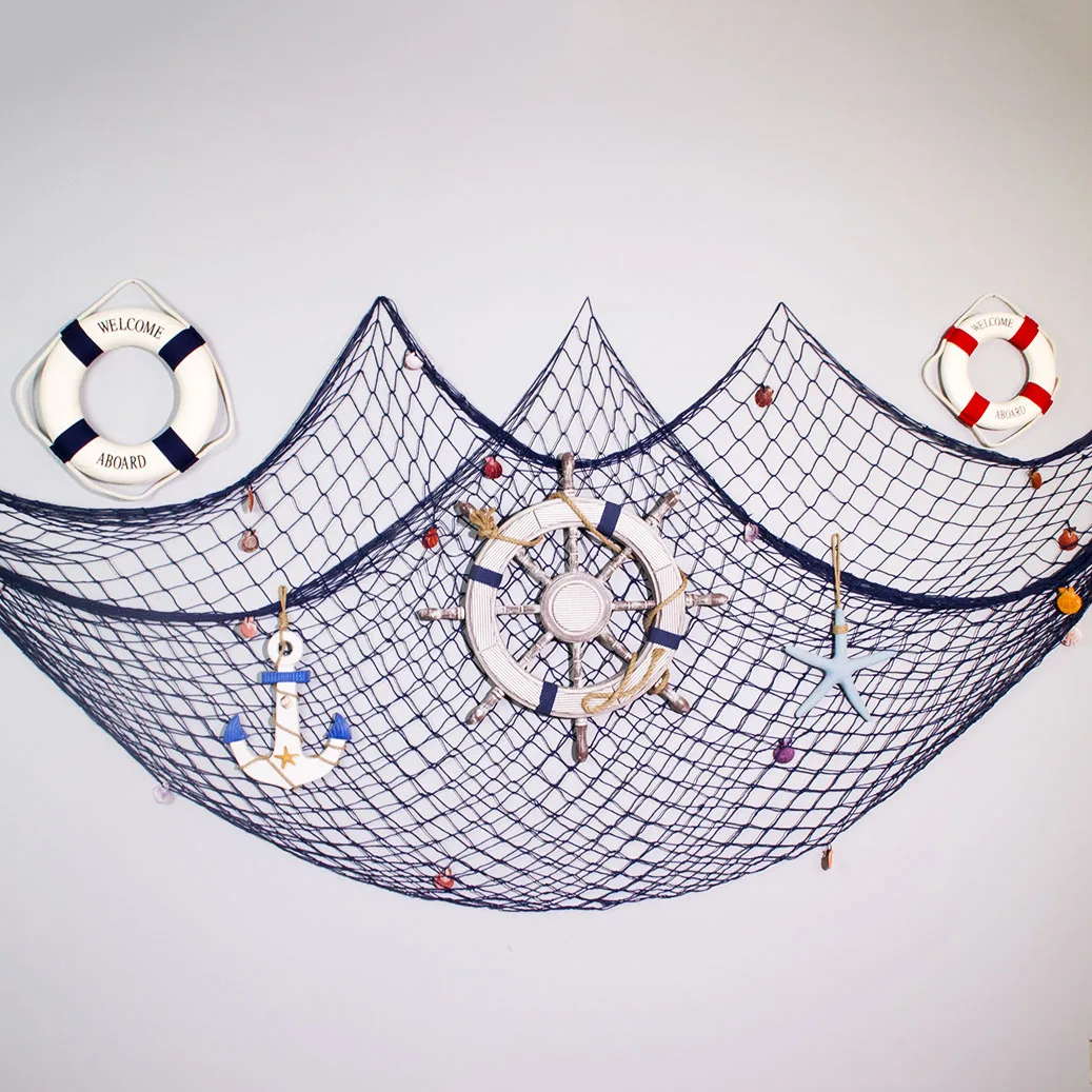 Home Wall Decorative Beach Style With Shipwheel Starfish Lifering Fish Netting Sets