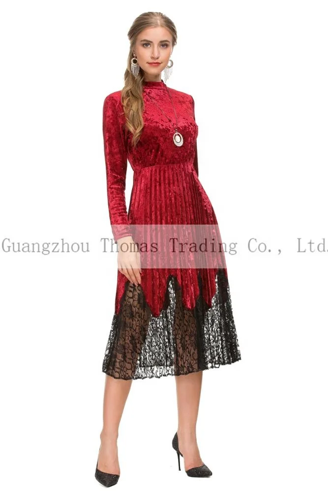 
Wholesale Women Velvet Long Sleeve Dress For Spring Autumn Black Red 