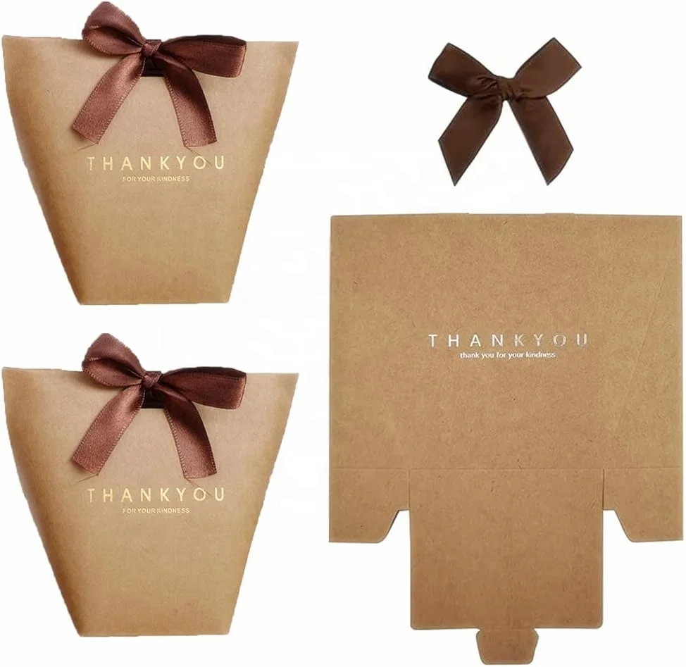 Kraft Paper Luxury Ribbon Gift Candy Chocolate Bag  With Gold Stamping Hot Foil Paper Bag For Gift