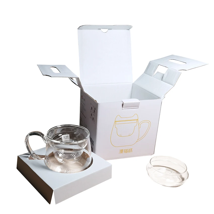 Custom Size Printed Firm E Flute White Corrugated Cardboard Mug Glass Cup Shipping Packaging Box with Insert