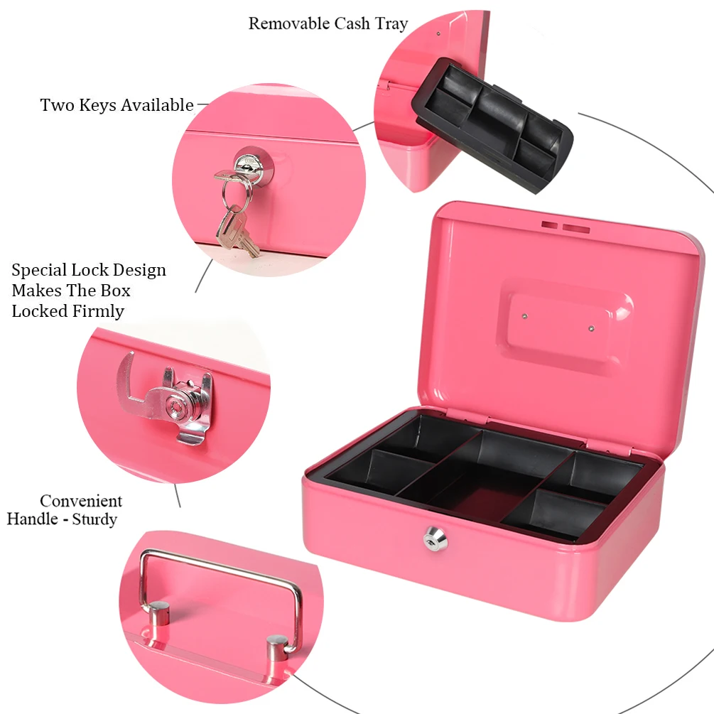 250mm Steel portable mechanical key lock office safety green  money cash box with plastic tray