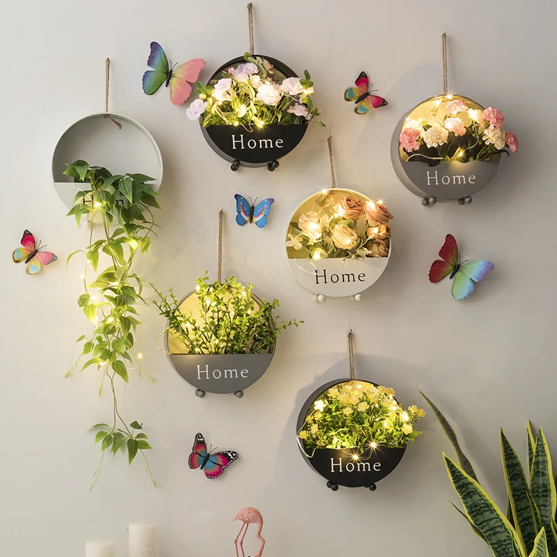 DREA Home decoration Metal Indoor Wall Planters Round Flower Pot wall decorations with LED light