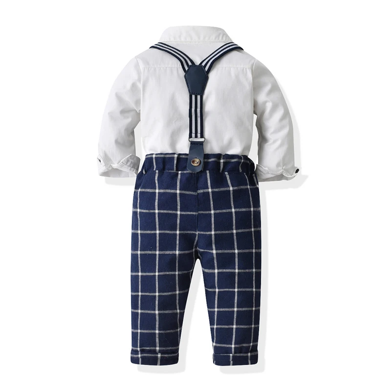 Boys Gentleman Clothing Sets Toddler Boy Long Sleeve White Bowtie Shirts+Suspenders Plaid Pants Outfits Formal Suits