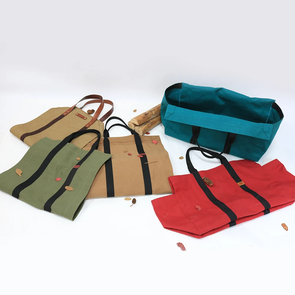 Heavy duty custom brown waxed canvas firewood carrier bag