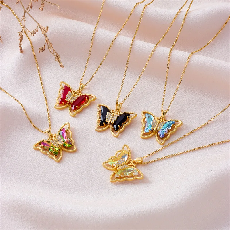 Fashion Brass Gold Plated Colorful Crystal Butterfly Shape Charm Pendant Necklace Jewelry For Women Girls