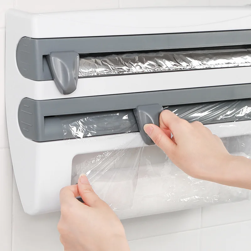 Multi-function Kitchen Shelf Paper Towel Holder Spice Storage Shelf Plastic Wrap Cutting Cling Film Slide Cutter