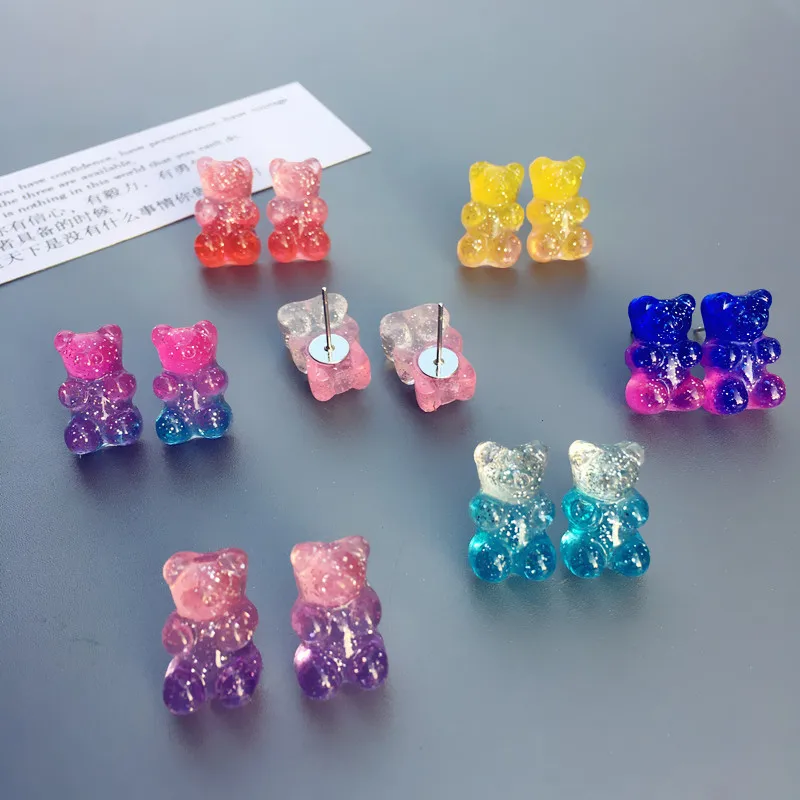 Girls Kids Adorable Resin Gummy Bear Earrings Cute Colorful Animal Teddy Jelly Bear Stud Earrings For Ladies