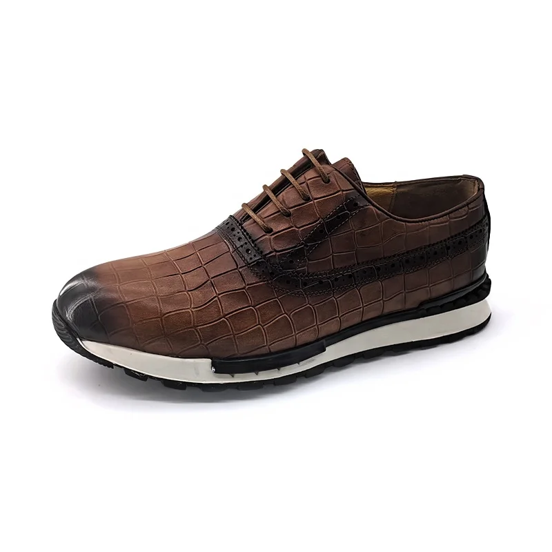 Best Seller Retro Crocodile Lace Up Pointed Casual Genuine Leather Brown Colored Sneakers Walking Office Party Dress Men Shoes