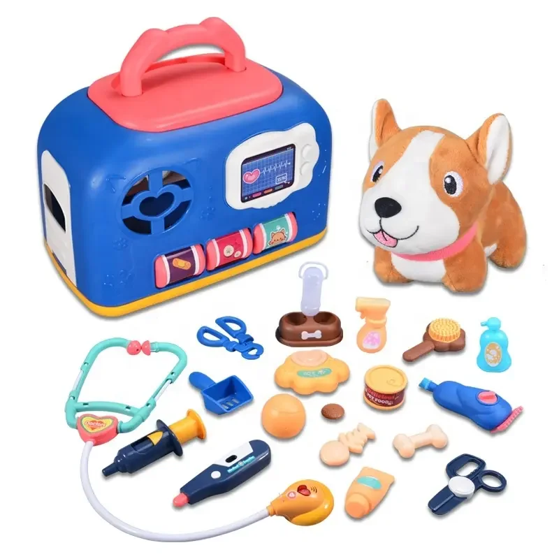 Kids Cage Doctor Pretend Play Mini Pet Care Dog Plastic Veterinarian Kit Toys With Light And Music For Kids