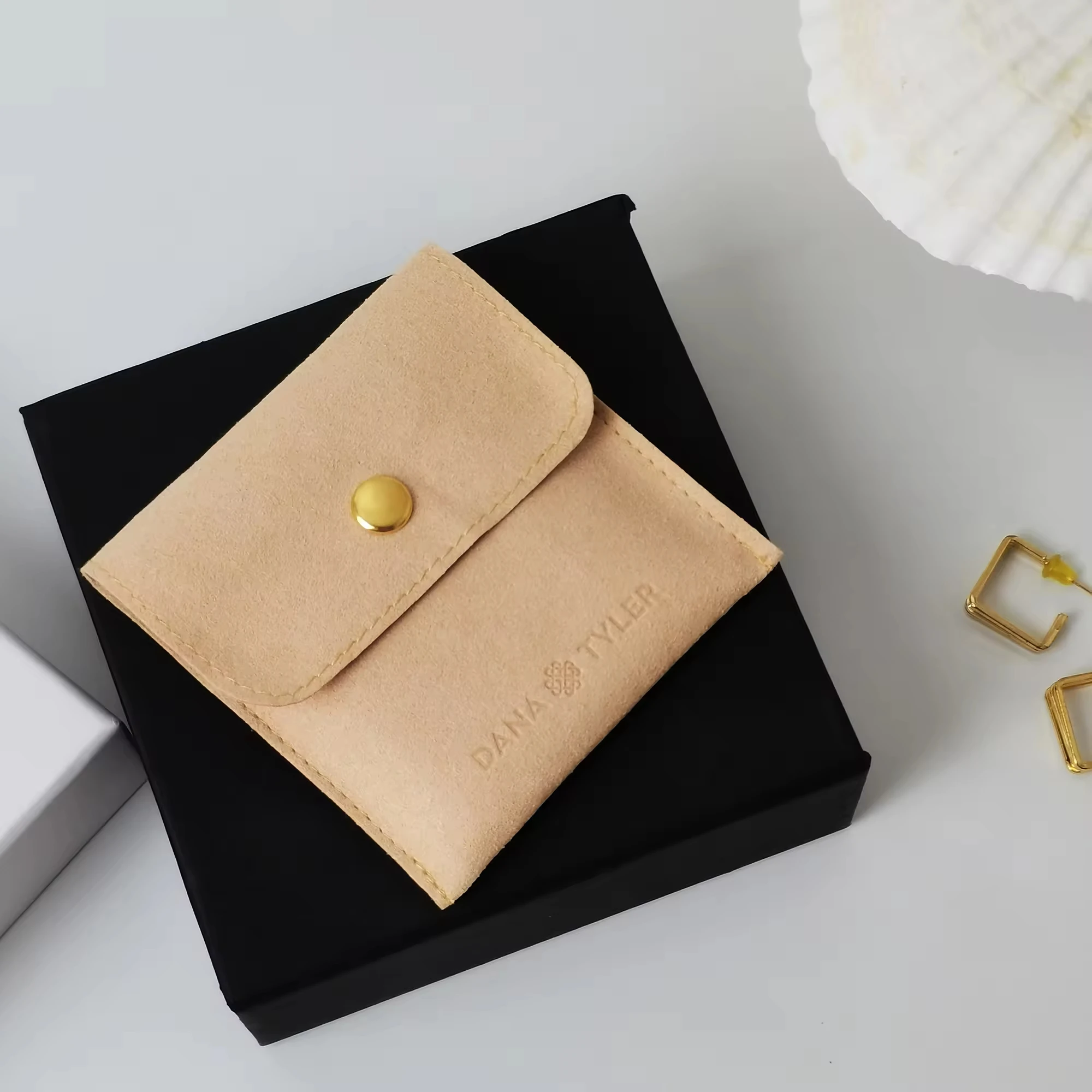 Print Logo Jewellery Package Microfiber Snap Button Pouch Bags Jewelry Earrings Necklace Pouch Gift Bag With Insert Pad/Card