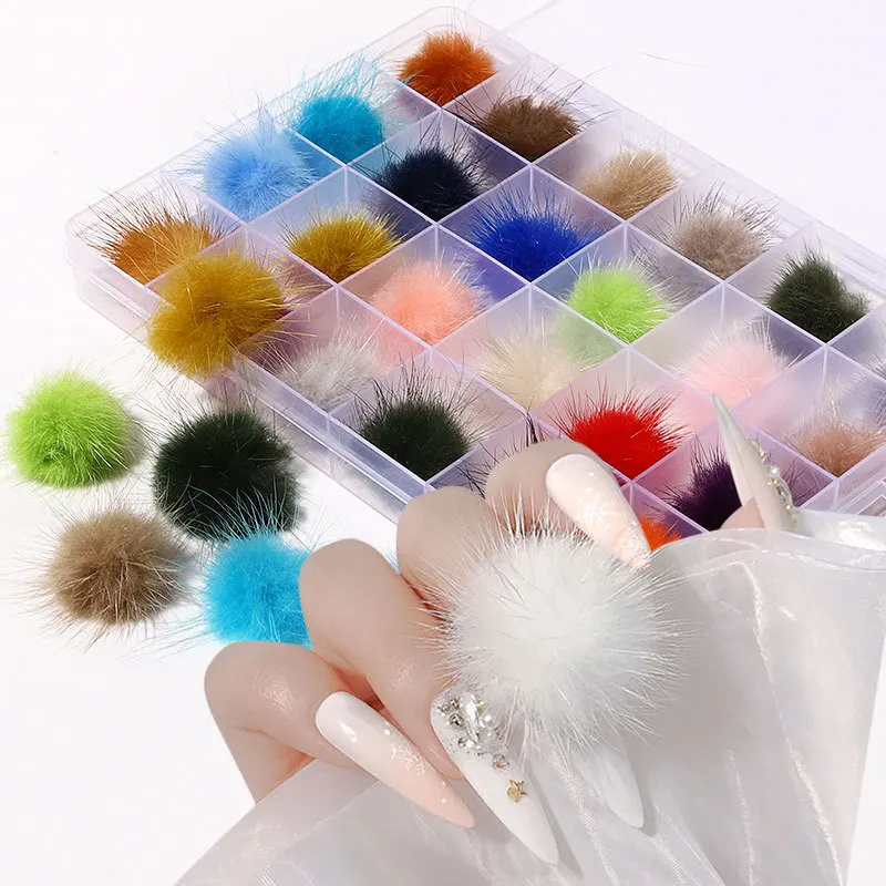 Bview Art 2021 New Detachable Colorful 3d Soft Nail Pom Pom Fur BallsNail Poms Plush Fluffy Ball Nails Designs Puff Balls Decor