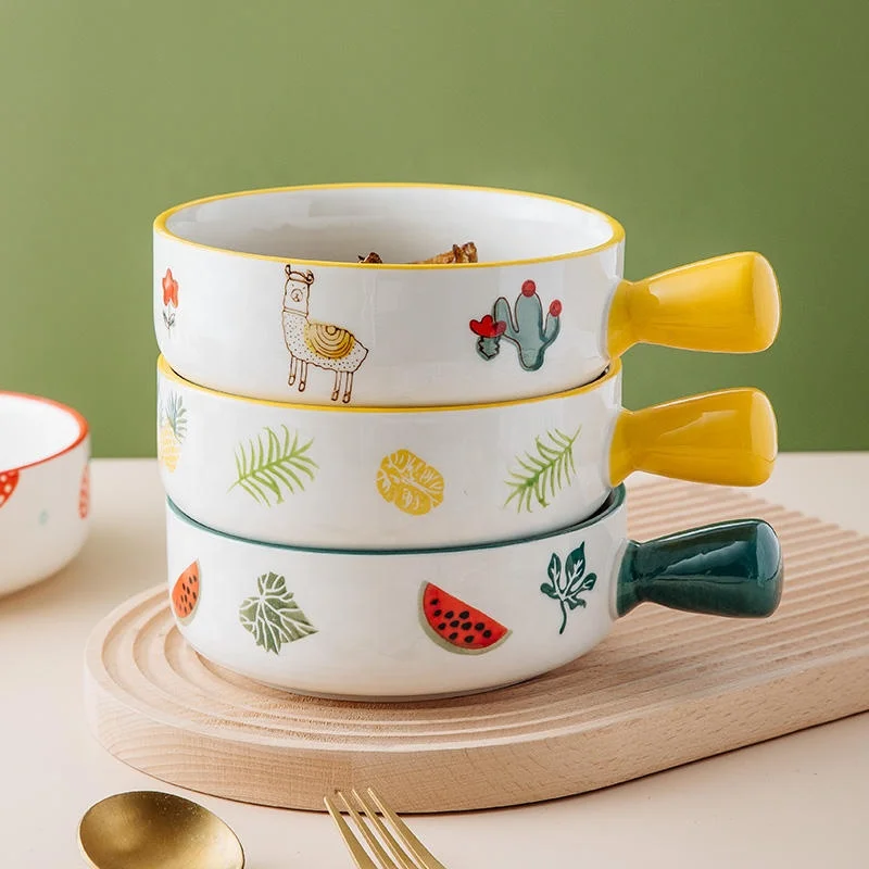 High Quality Cute Cartoon Pattern Ceramic Hand-Painting Salad Soup Noodle Ramen Bowl With Handle