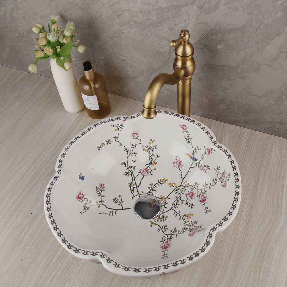 15.8Inch  Bathroom Ceramic Wash Basin Vessel Sink Antique Brass Mixer Faucet Set